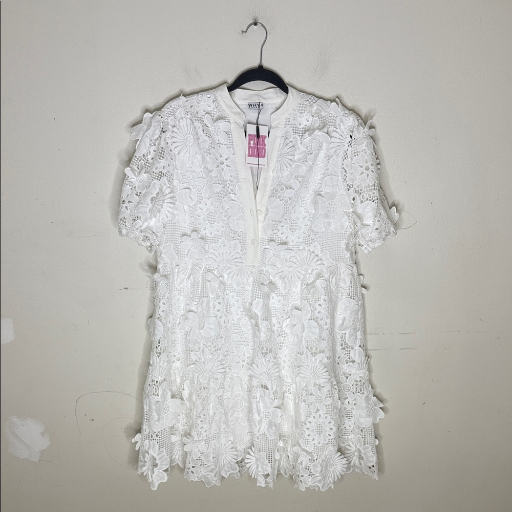 Why Dress White Floral Lace Short Sleeve A Line Button Detail Dress Medium NEW!